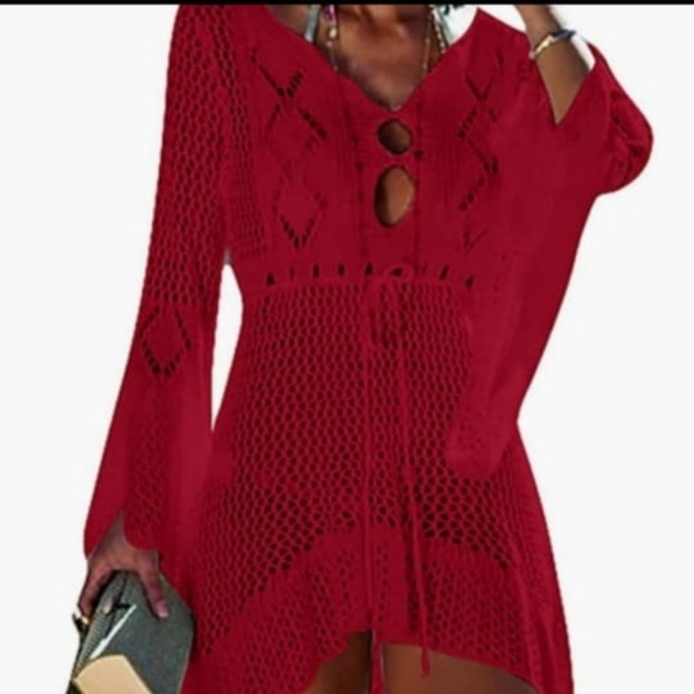 New Knitted Hollow Beach Blouse Crochet Cover Up L